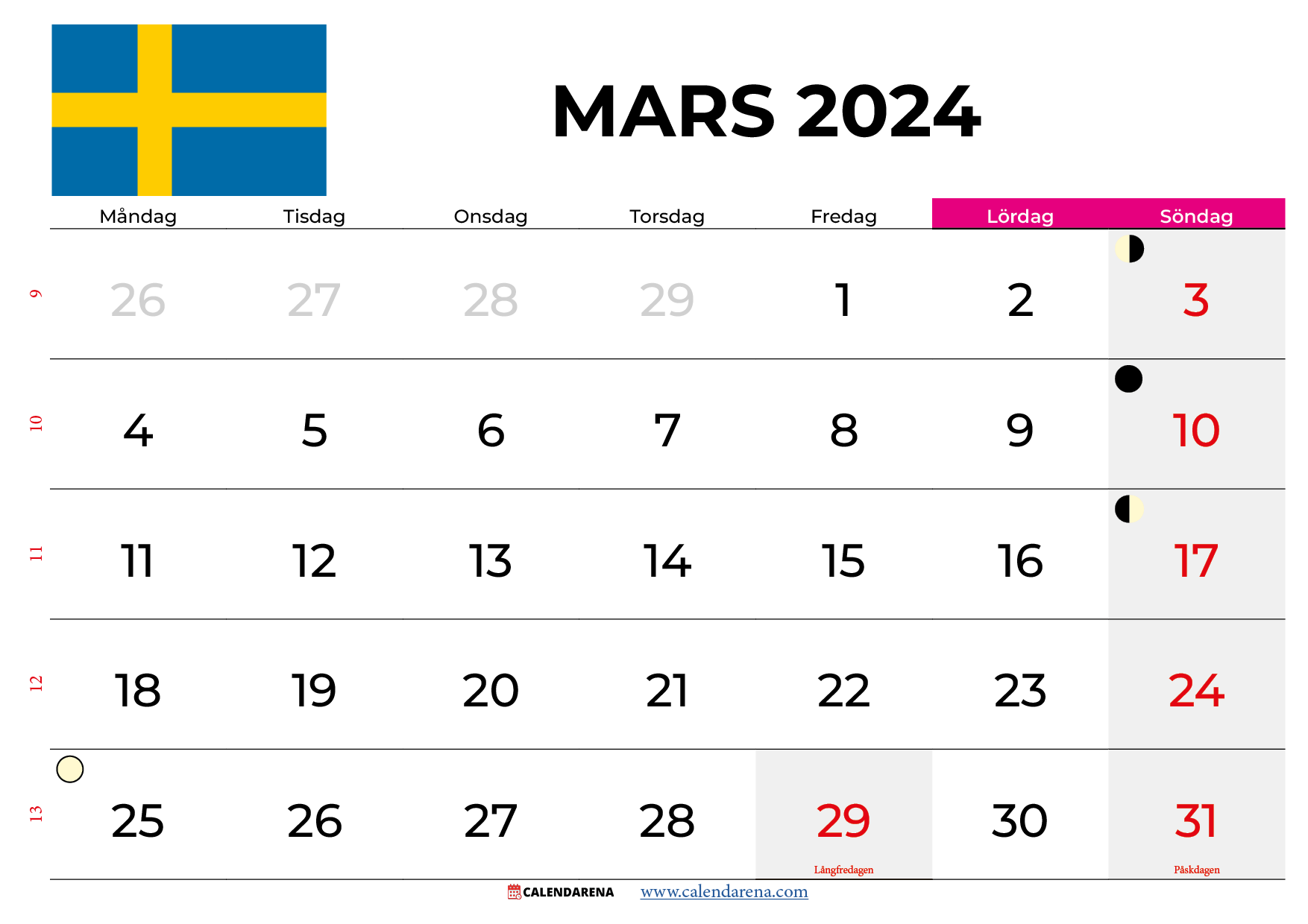 kalender mars 2024 Sverige