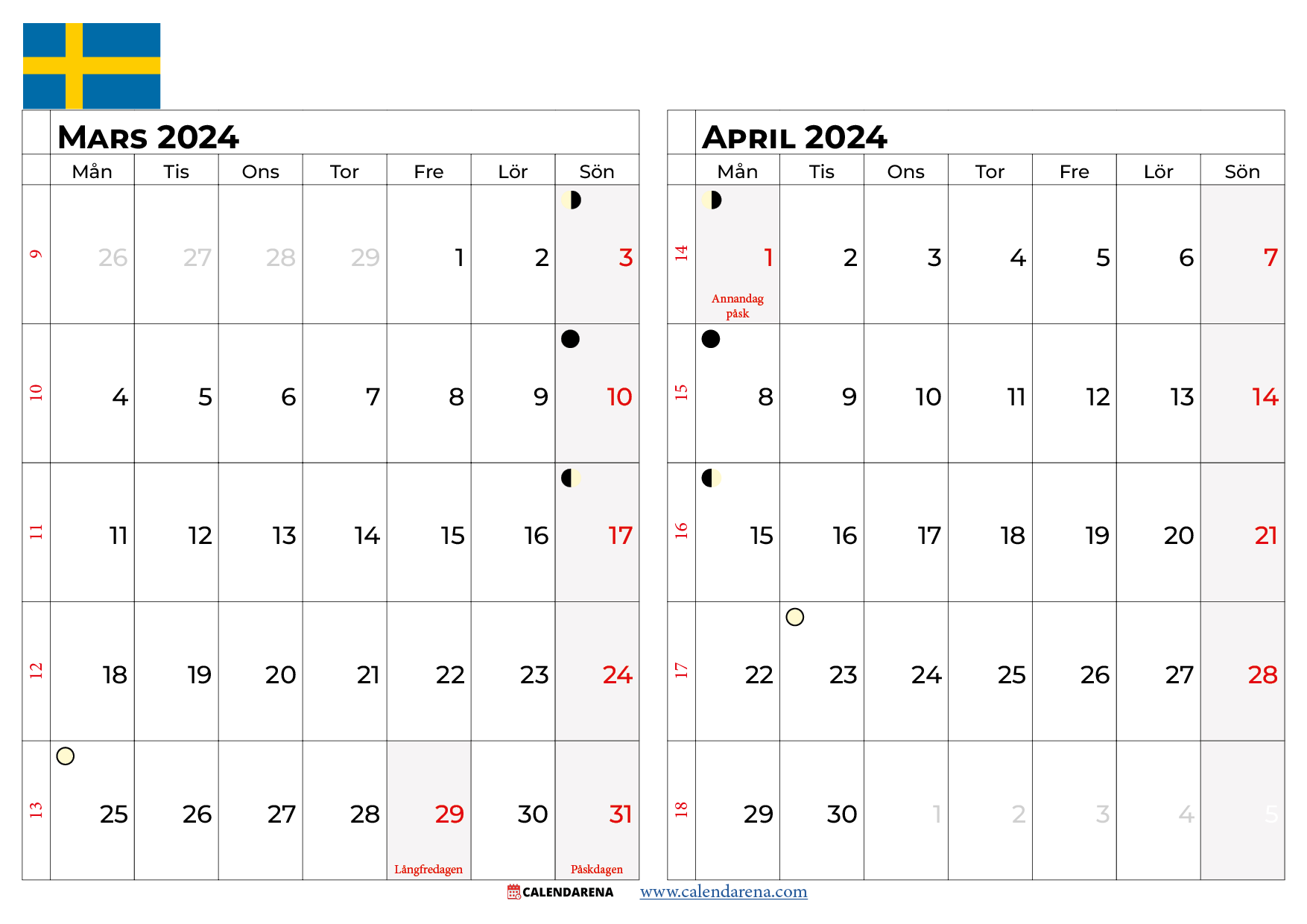 kalender mars april 2024 Sverige