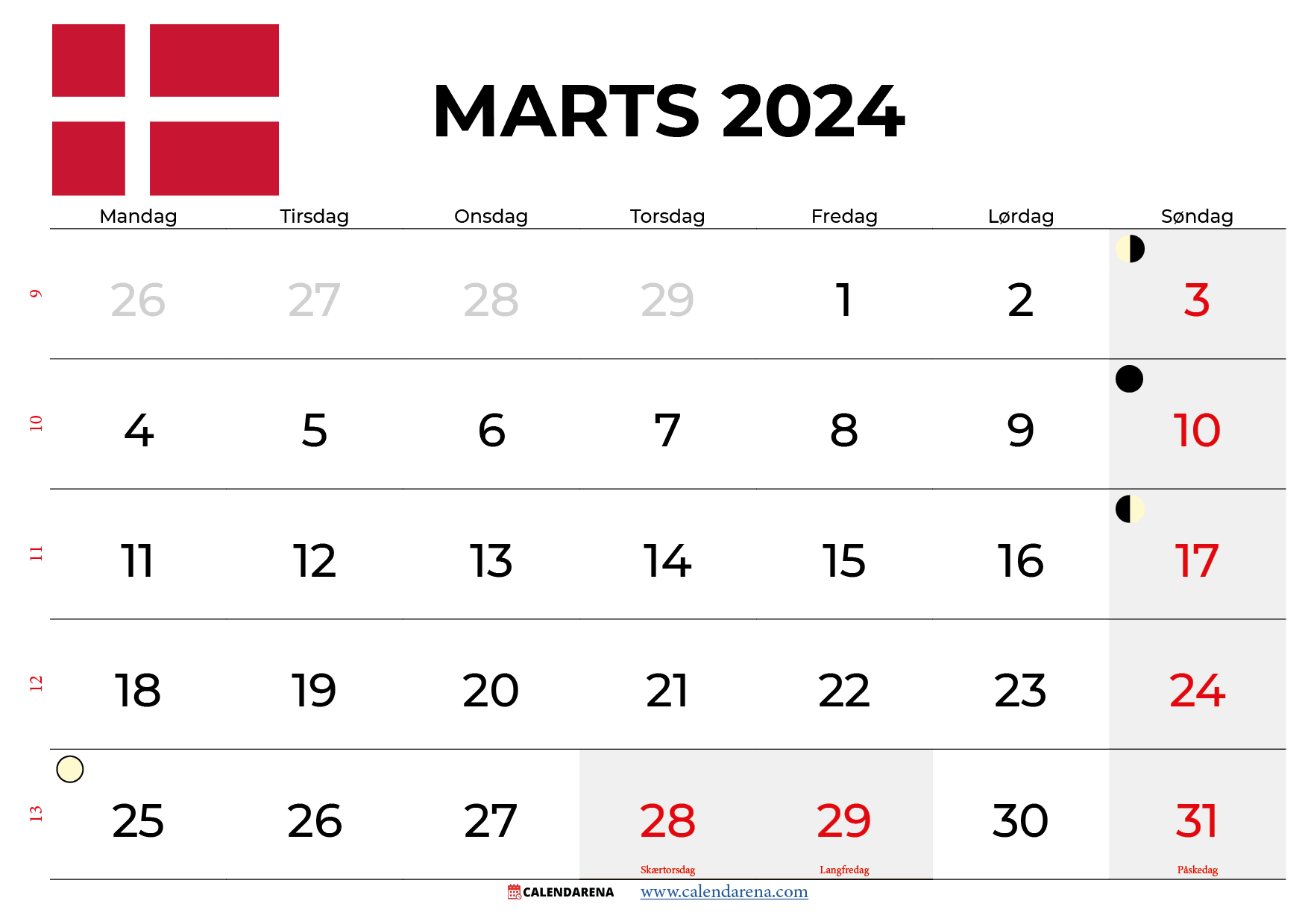 kalender marts 2024 danmark