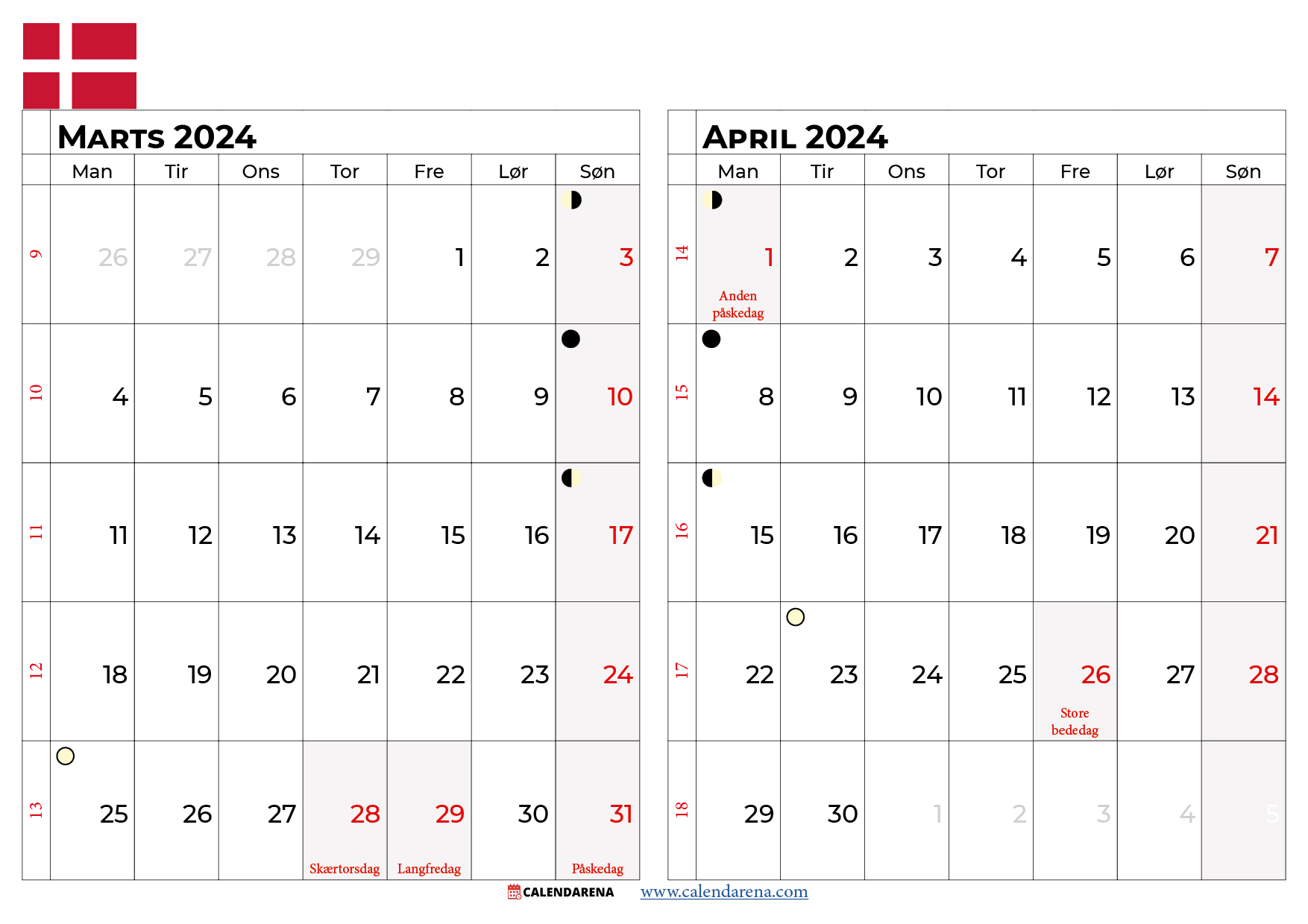 kalender marts april 2024 danmark