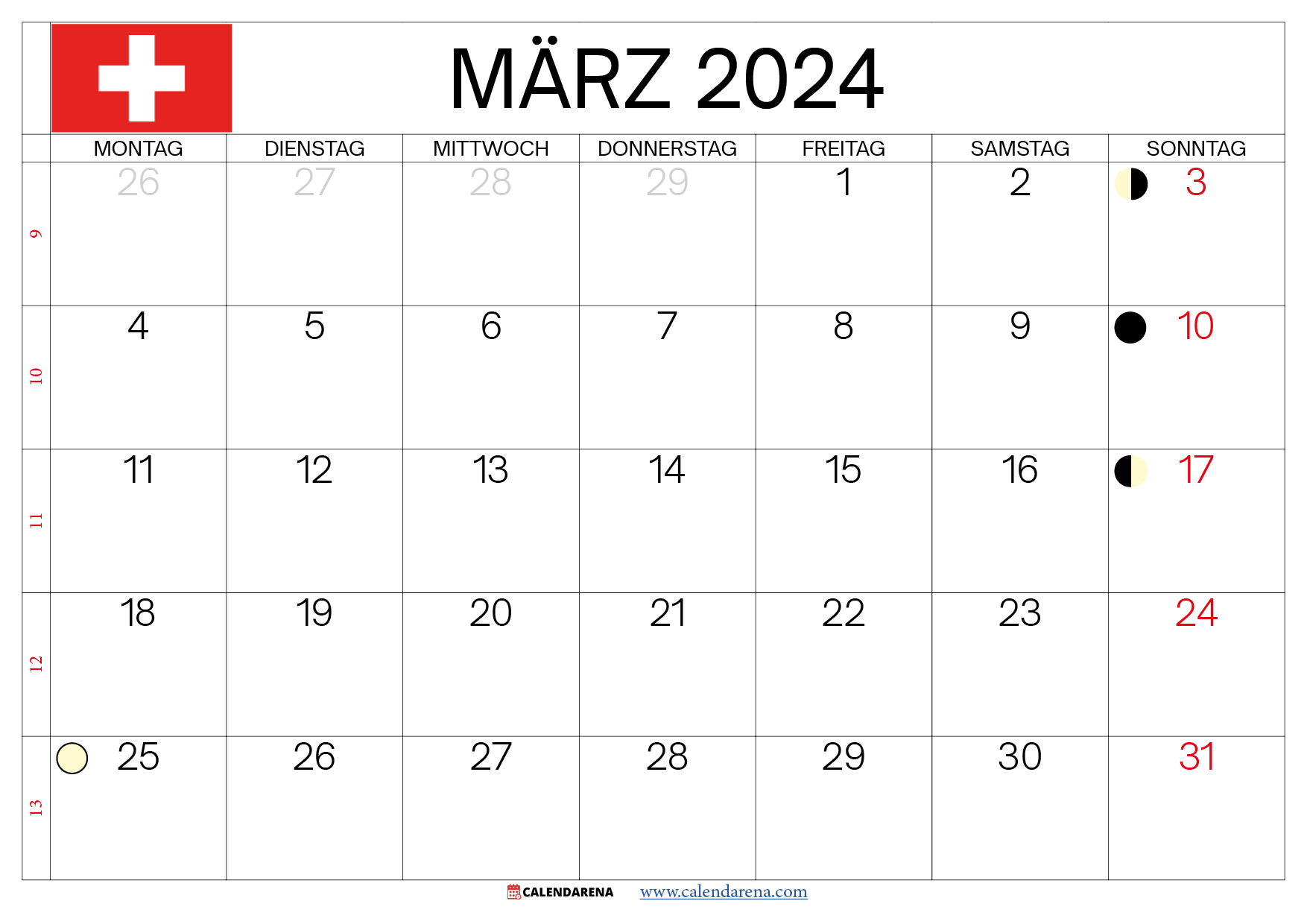 kalender märz 2024 Schweiz