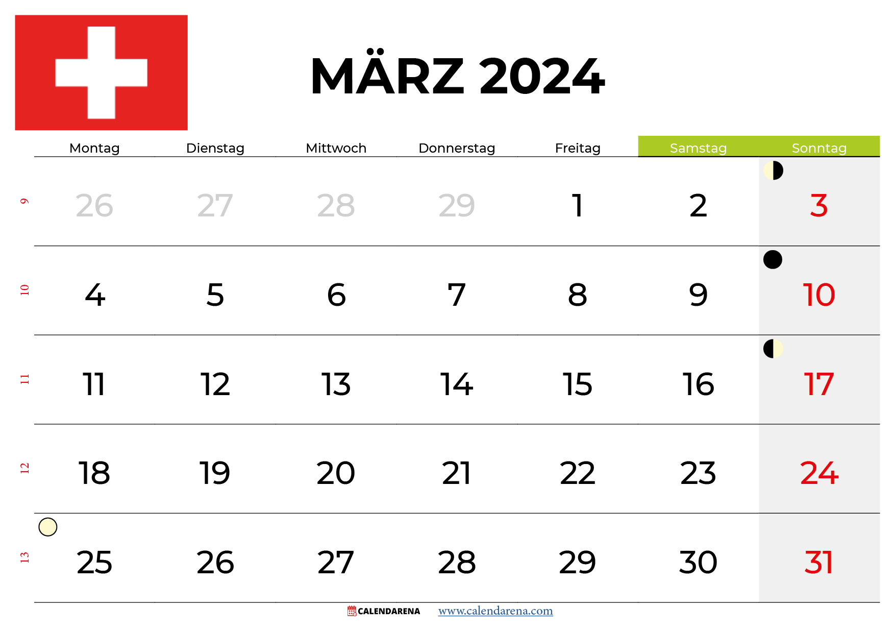 kalender märz 2024 zum ausdrucken Schweiz