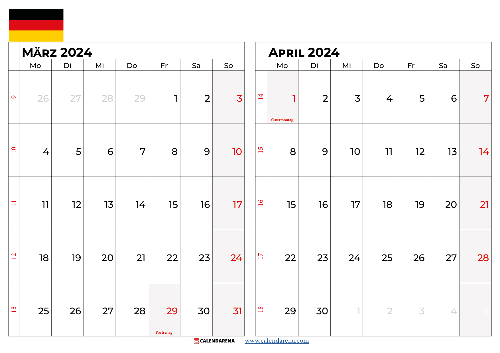 kalender märz april 2024 Deutschland