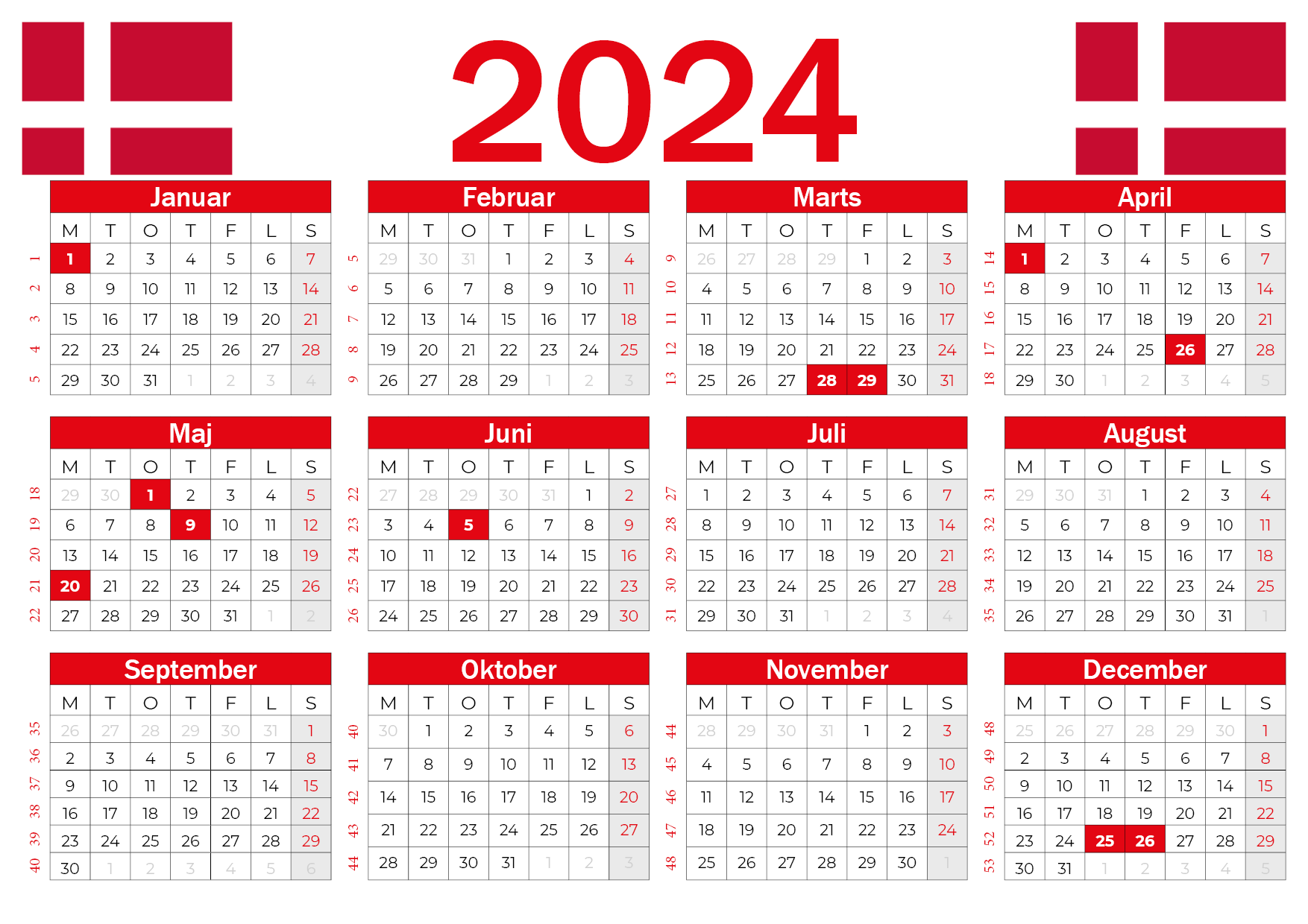 kalender med uger 2024 dansk