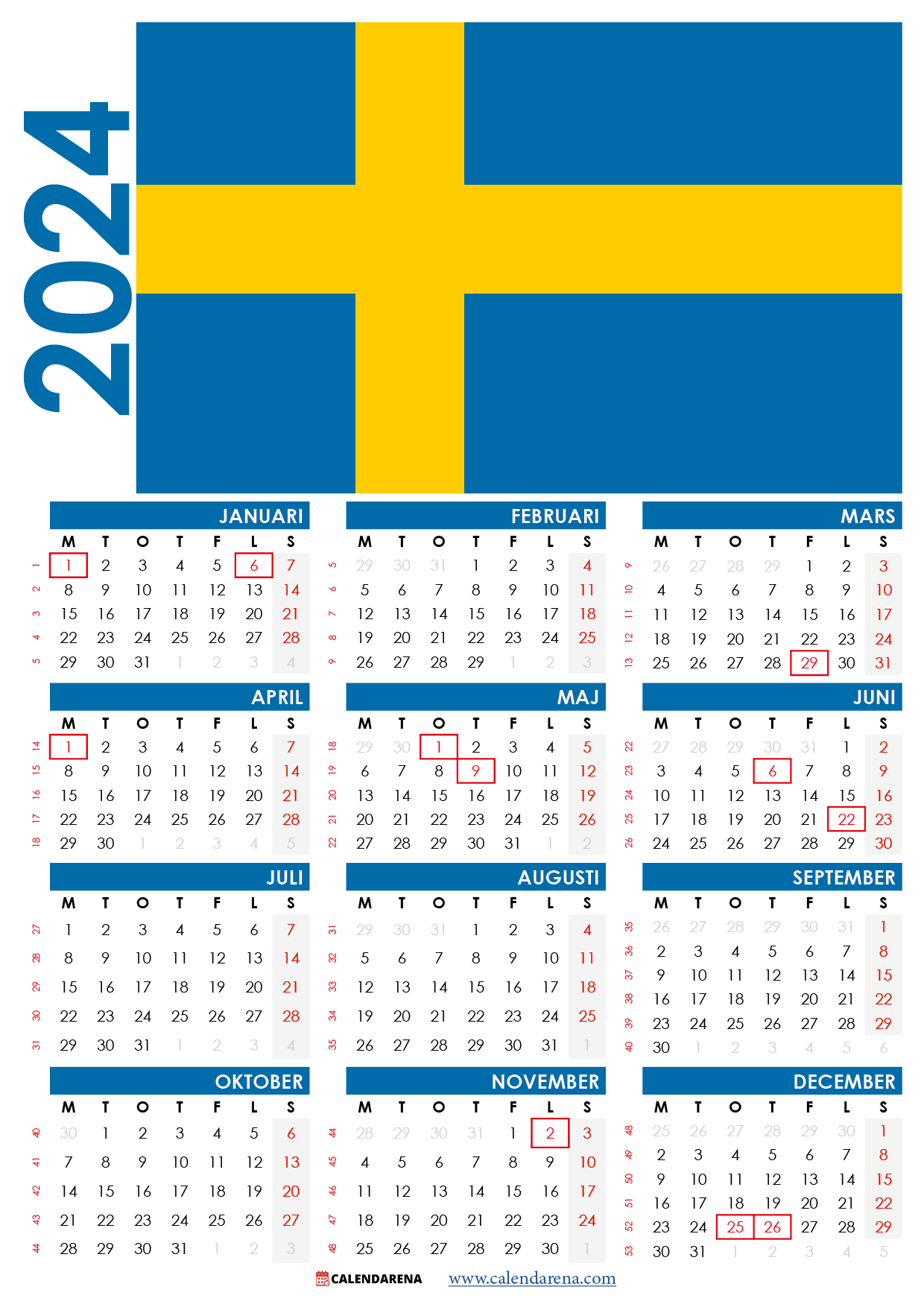kalender med veckor 2024 Sverige
