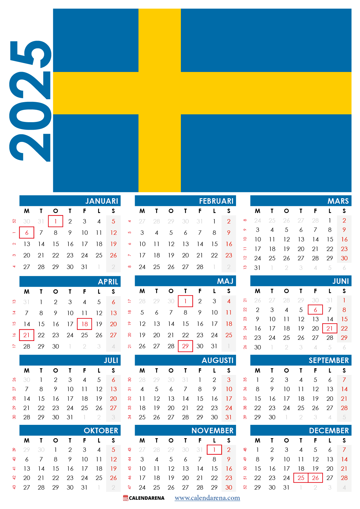 kalender med veckor 2025 Sverige