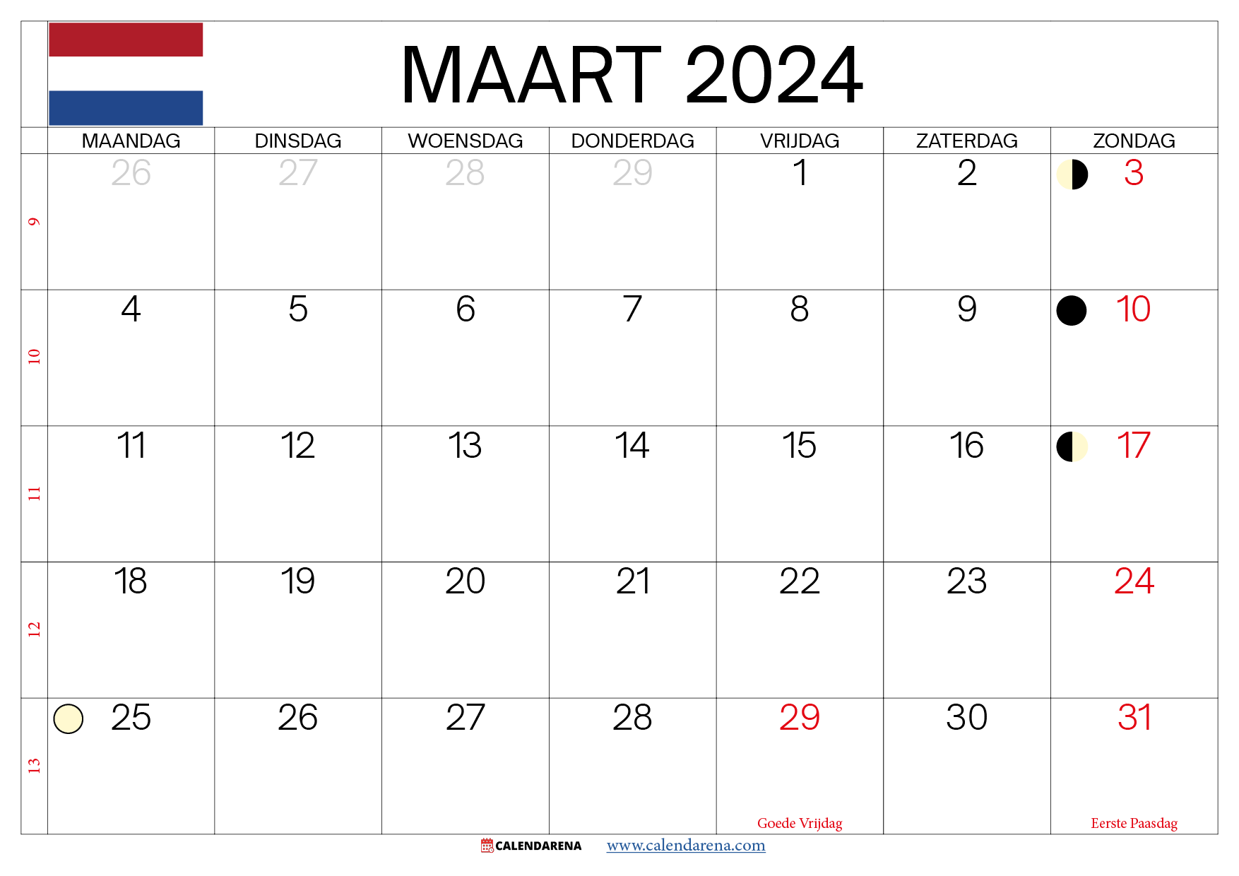 maart kalender 2024 nederland
