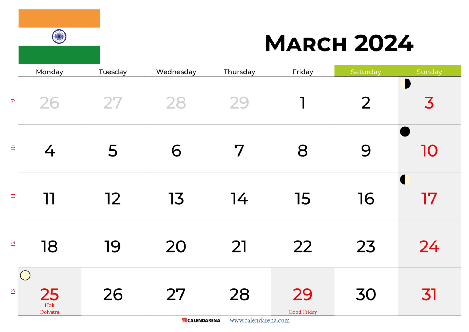 March 2024 Calendar India With Holidays