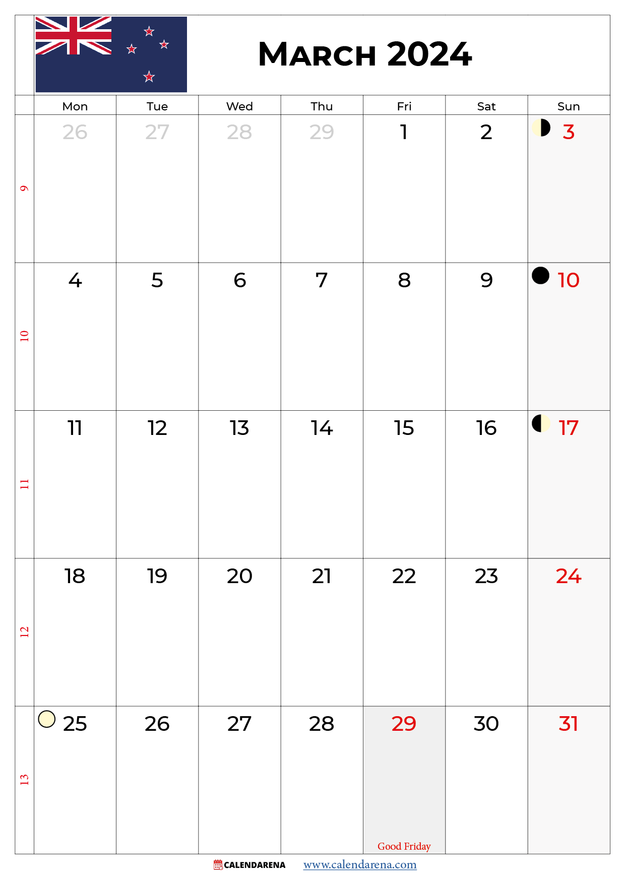 march 2024 calendar printable NZ