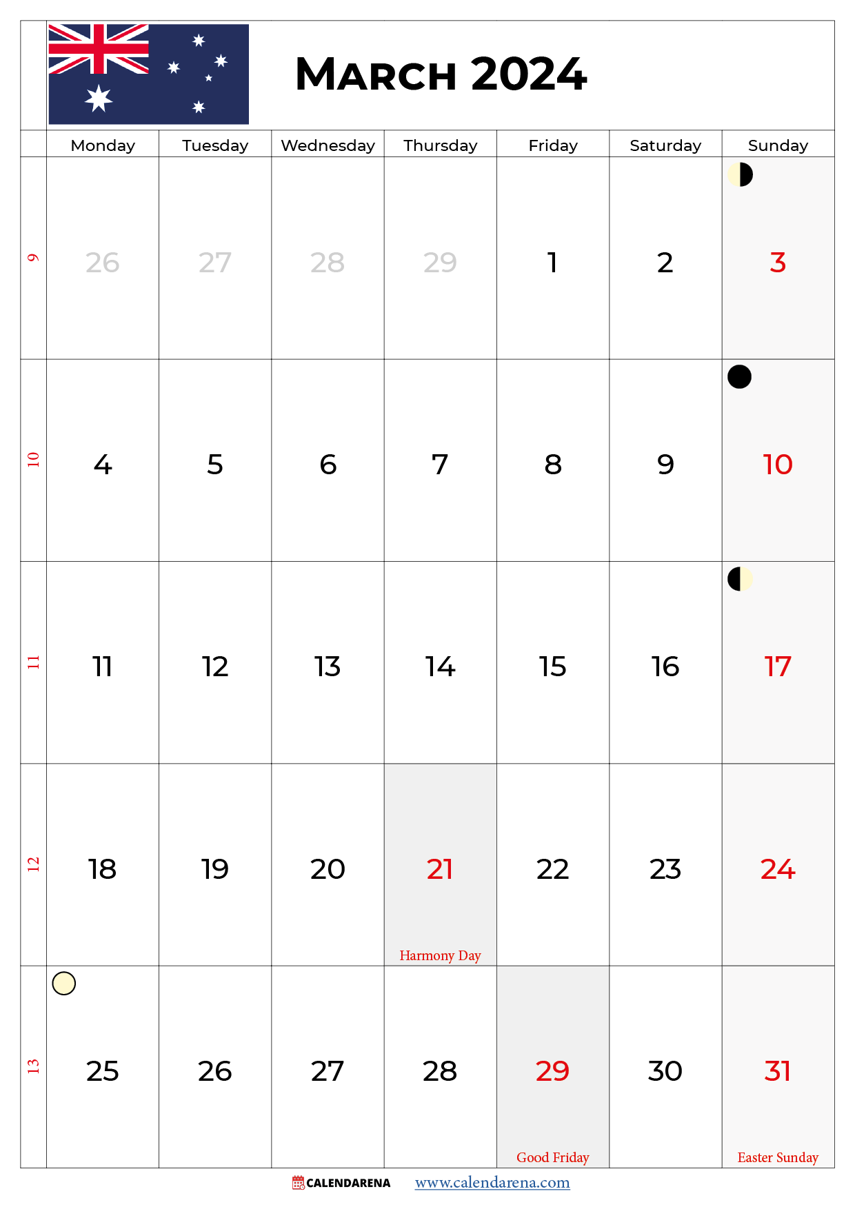 march 2024 calendar printable australia