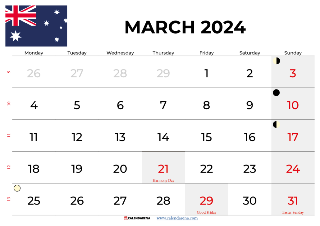 march 2024 calendar with holidays AUSTRALIA