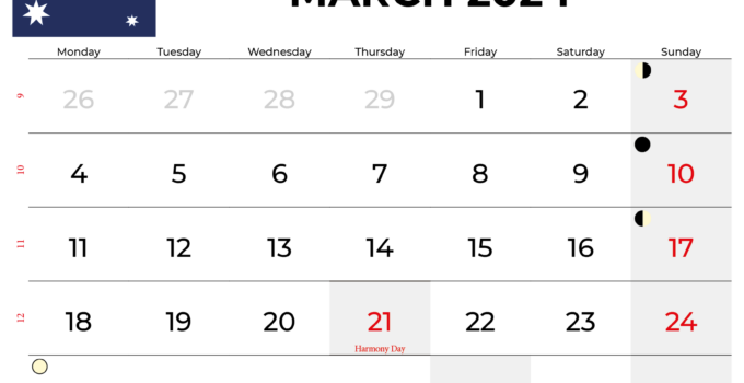 march 2024 calendar with holidays AUSTRALIA