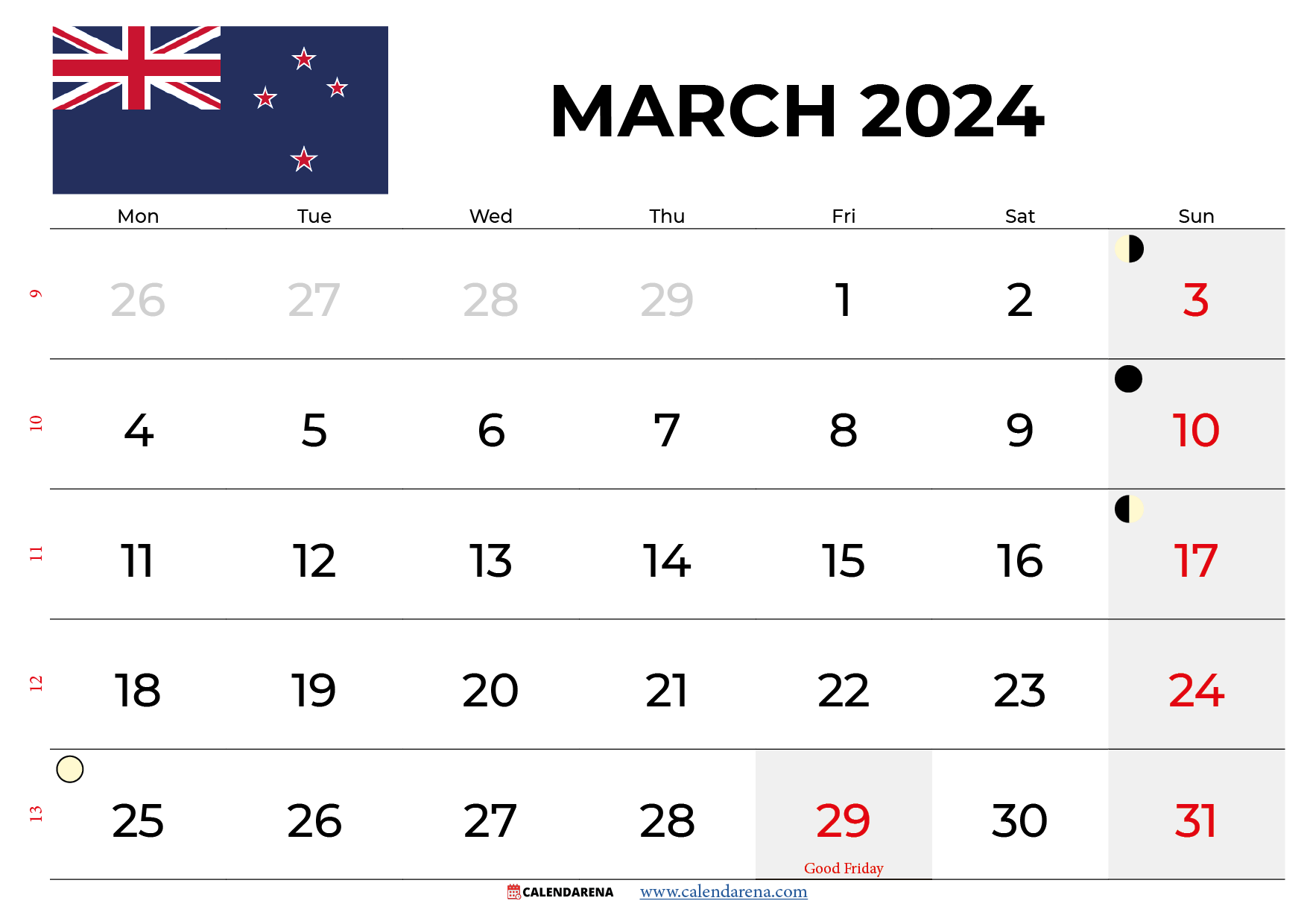 march 2024 calendar with holidays NZ
