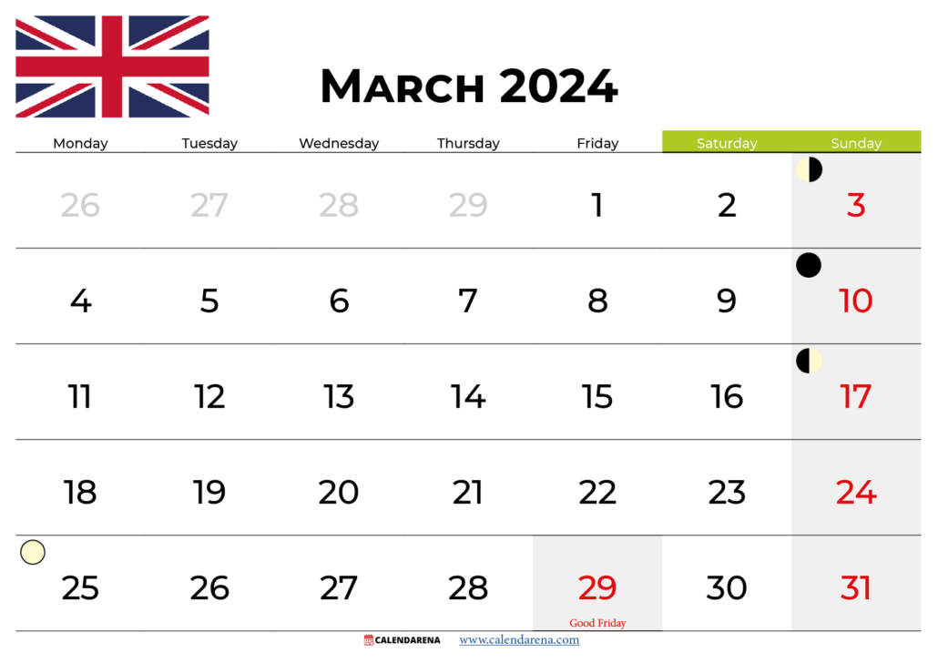 march 2024 calendar with holidays UK