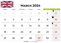 march 2024 calendar with holidays UK
