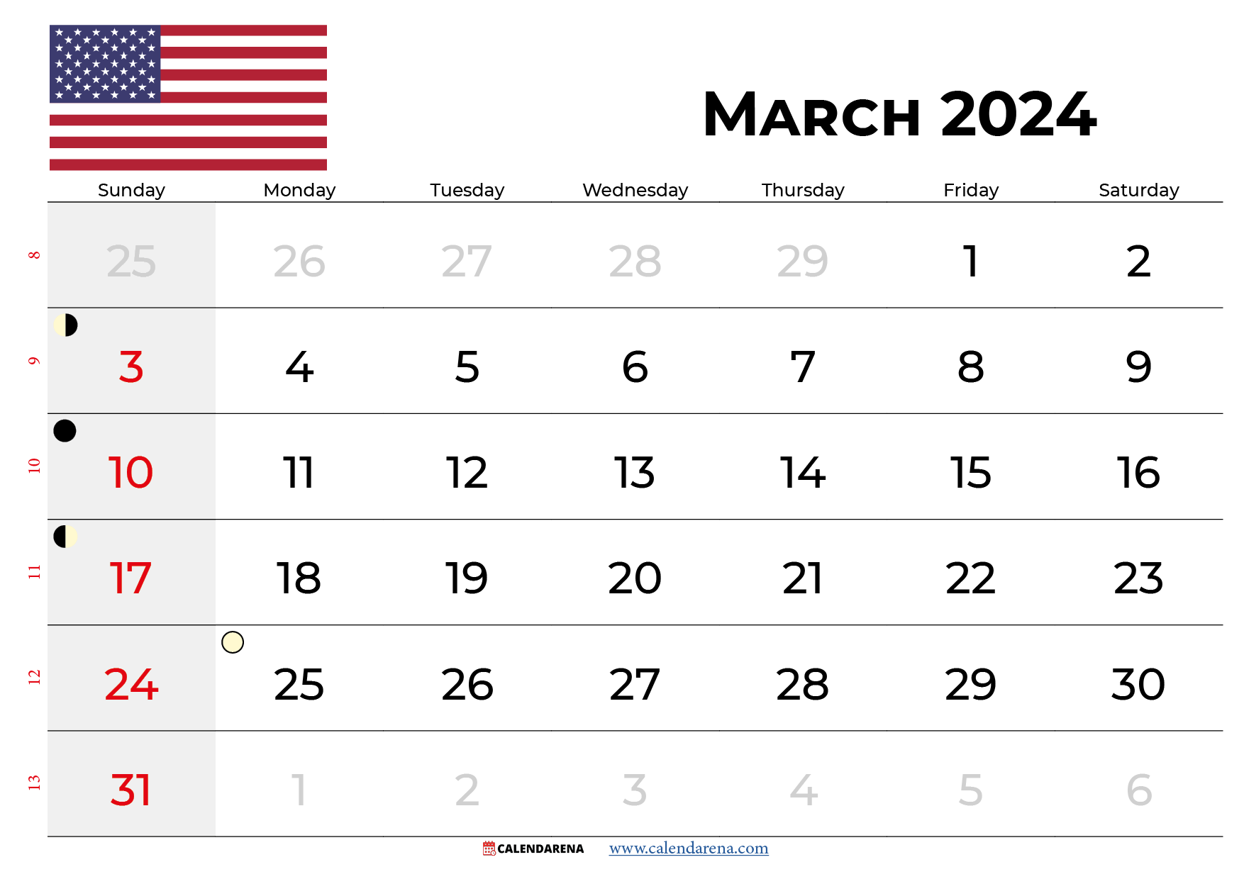 march 2024 calendar with holidays USA