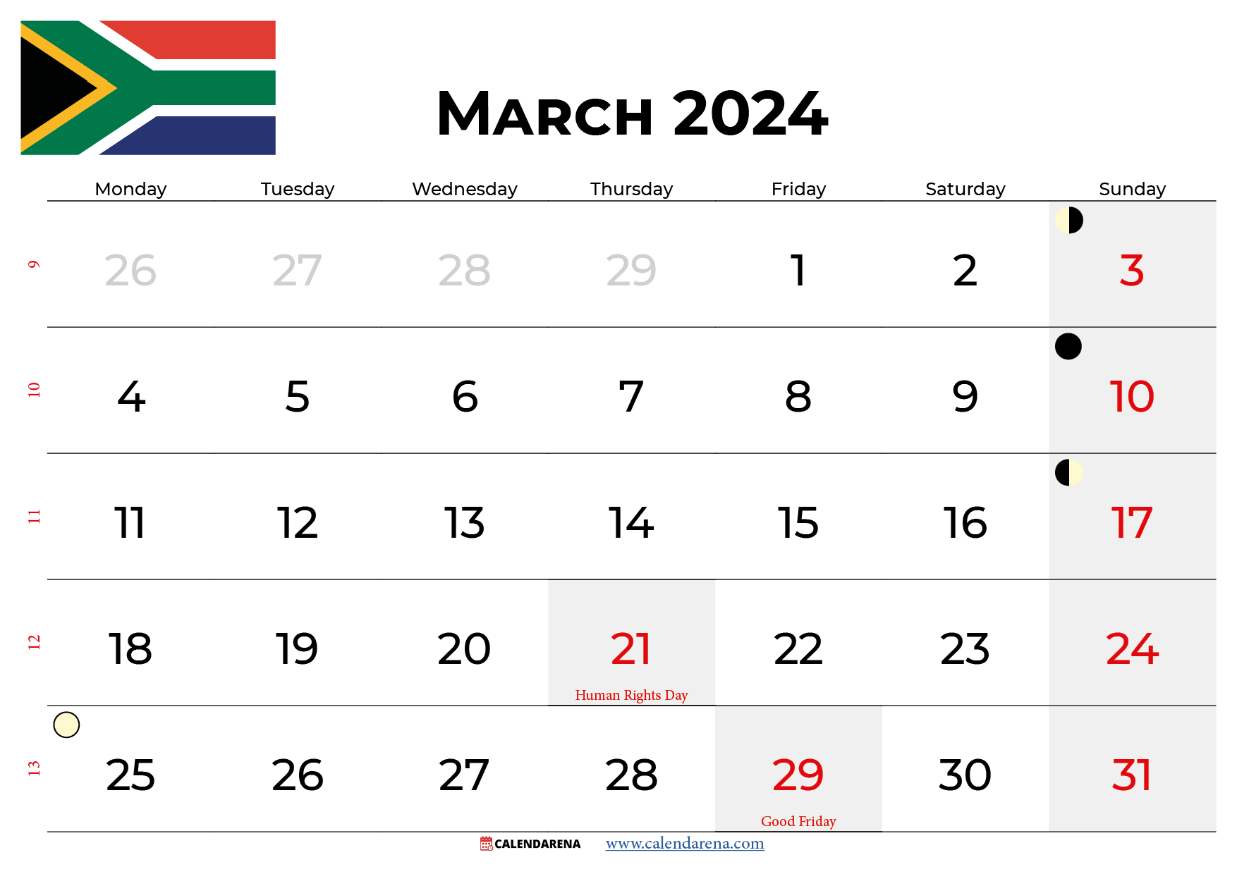 march 2024 calendar with holidays south africa