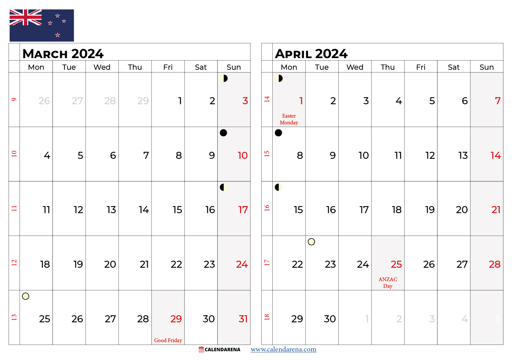 march april 2024 calendar NZ