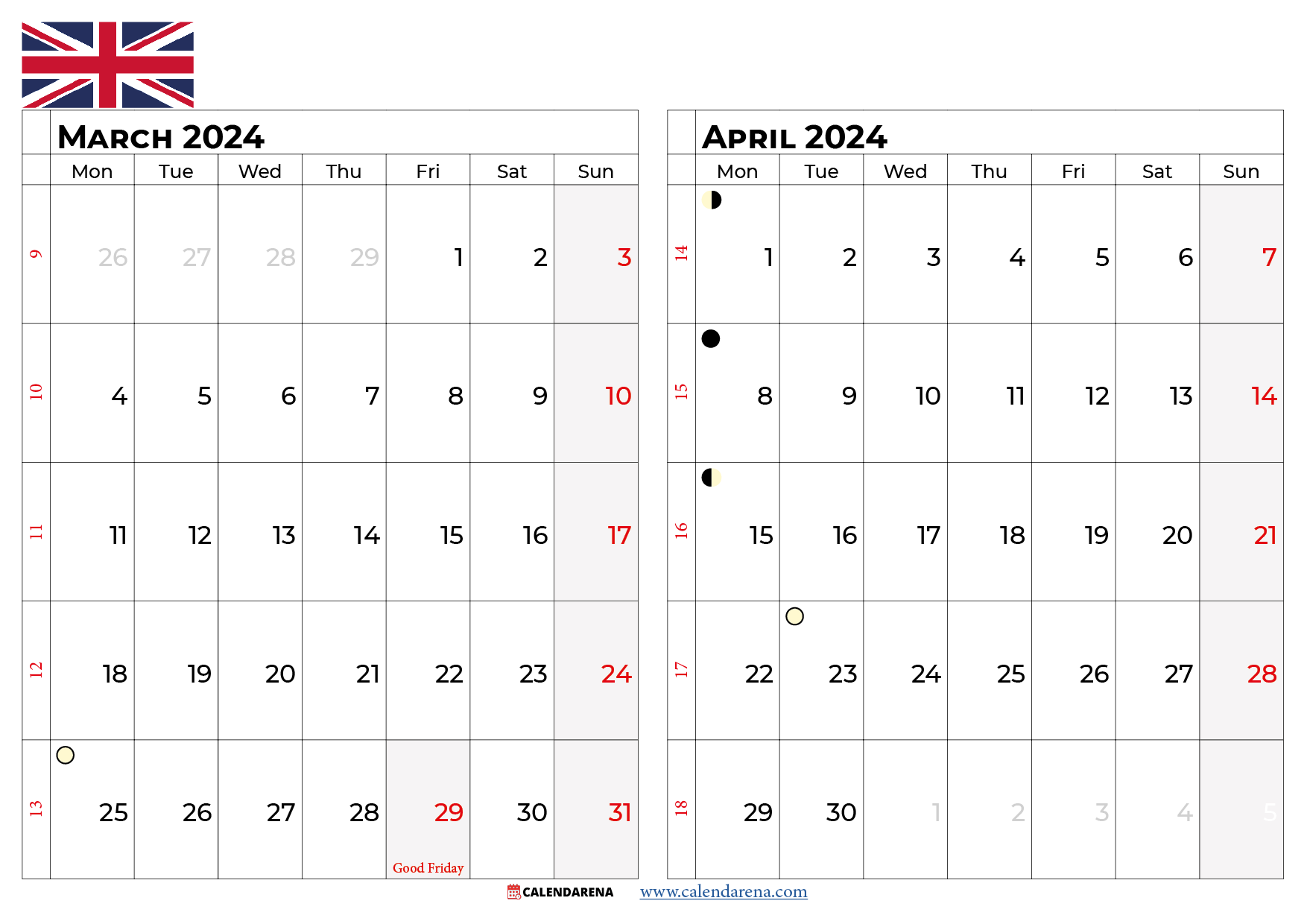 march april 2024 calendar UK