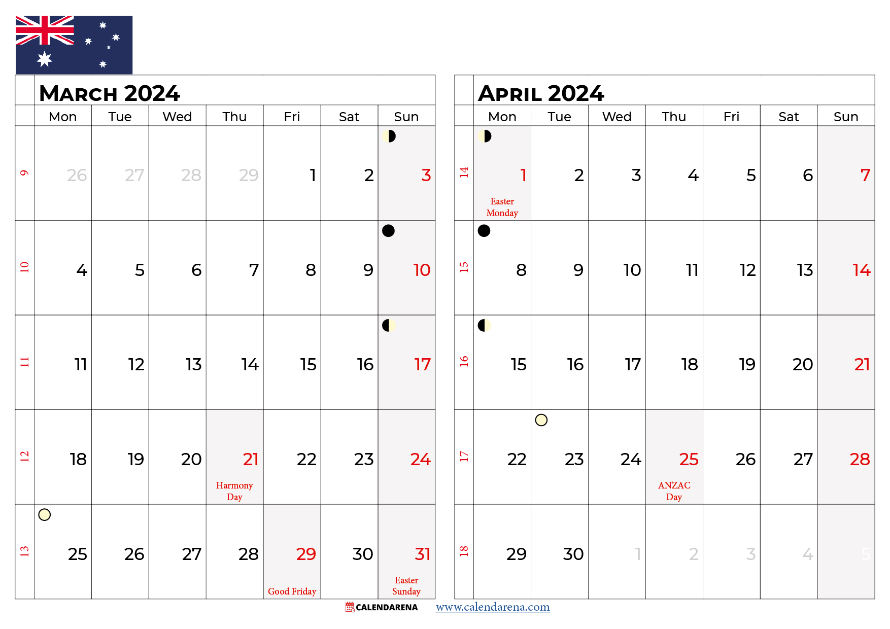 march april 2024 calendar australia