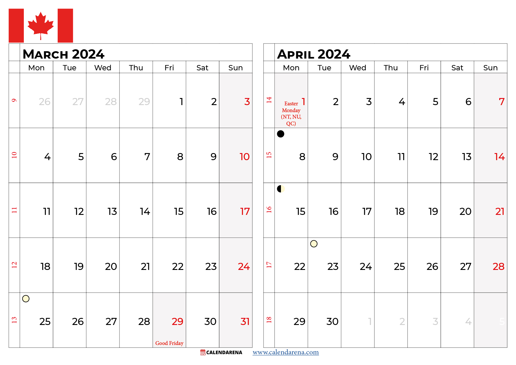 march april 2024 calendar canada