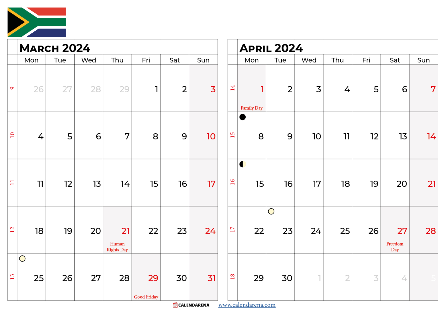 April 2024 Calendar South Africa With Holidays