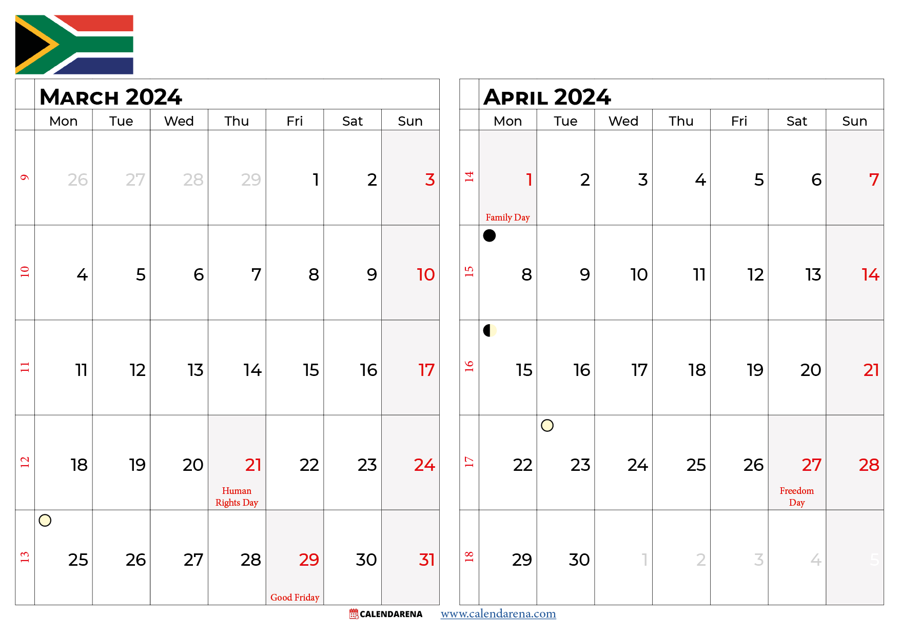 march april 2024 calendar south africa