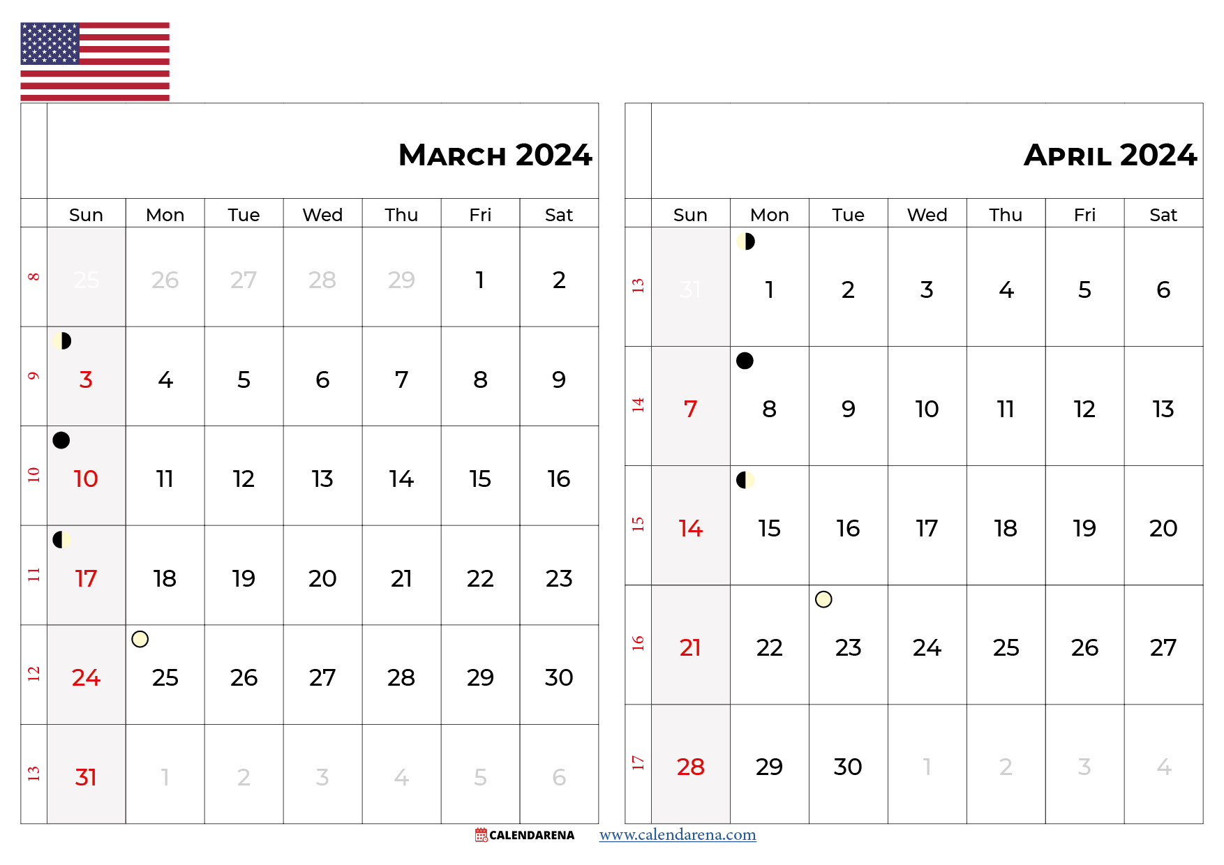 march april 2024 calendar usa