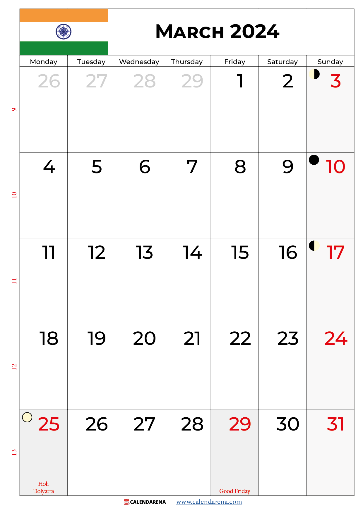 march calendar 2024 india