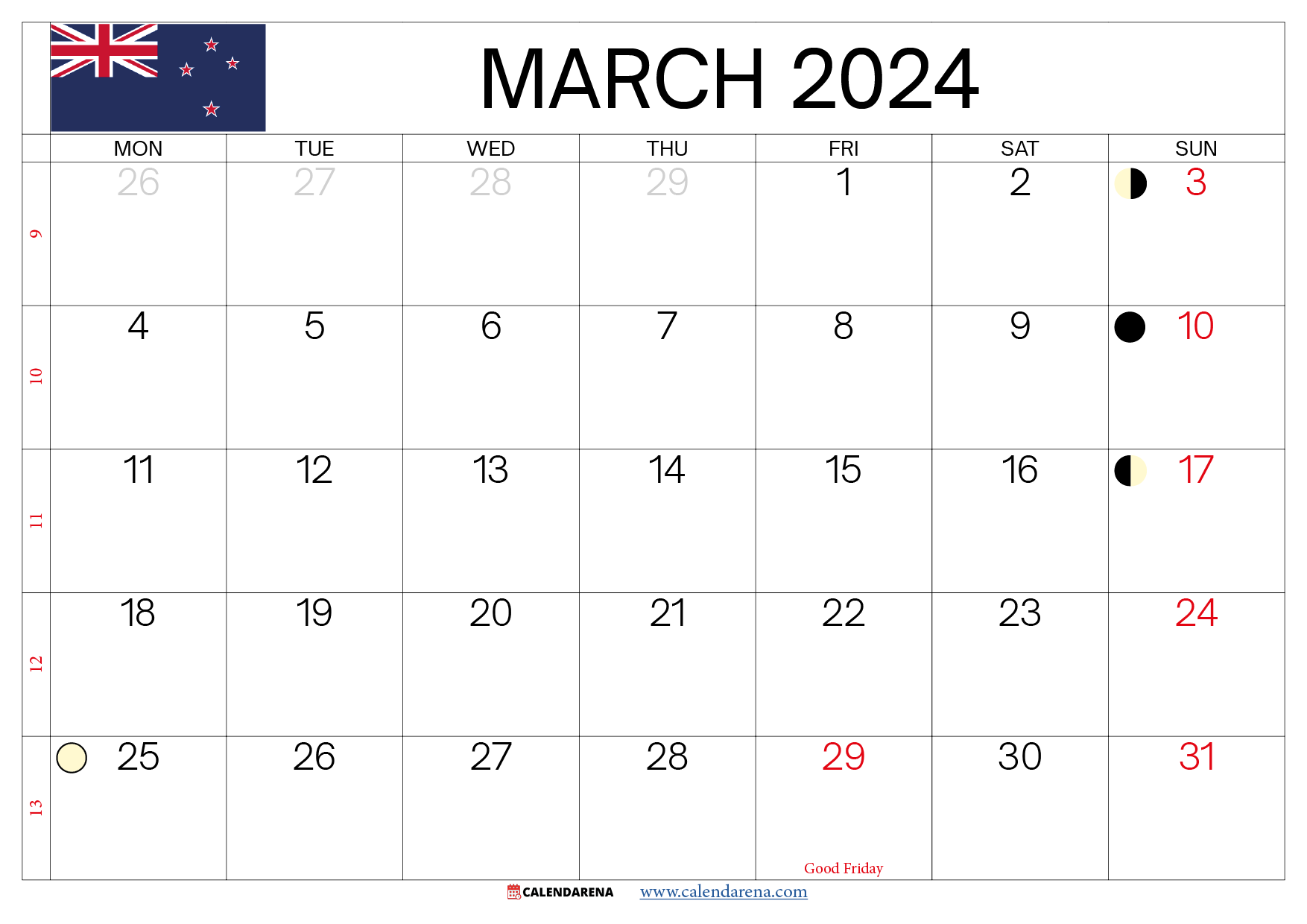 march calendar 2024 with holidays NZ