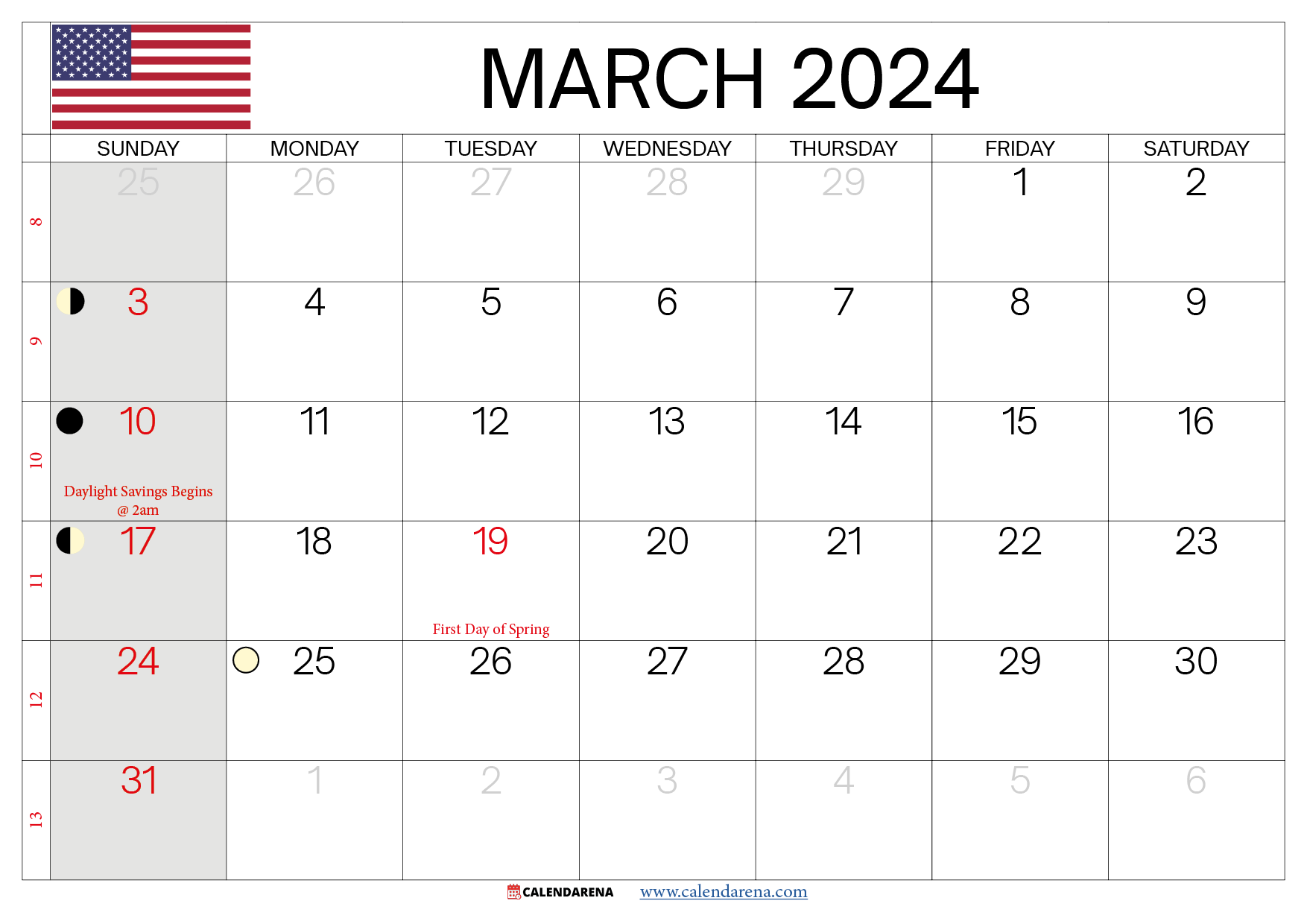march calendar 2024 with holidays USA