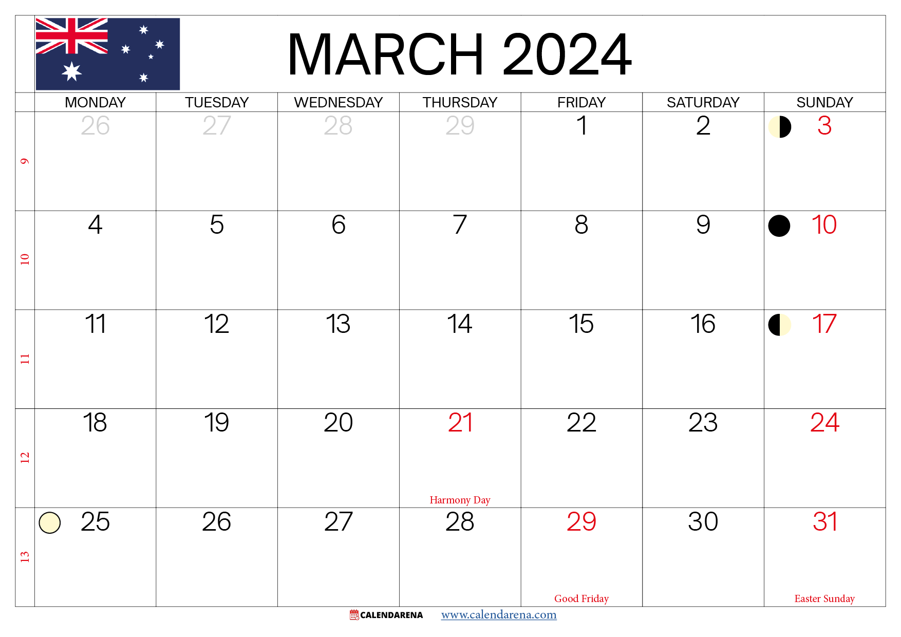 march calendar 2024 with holidays australia