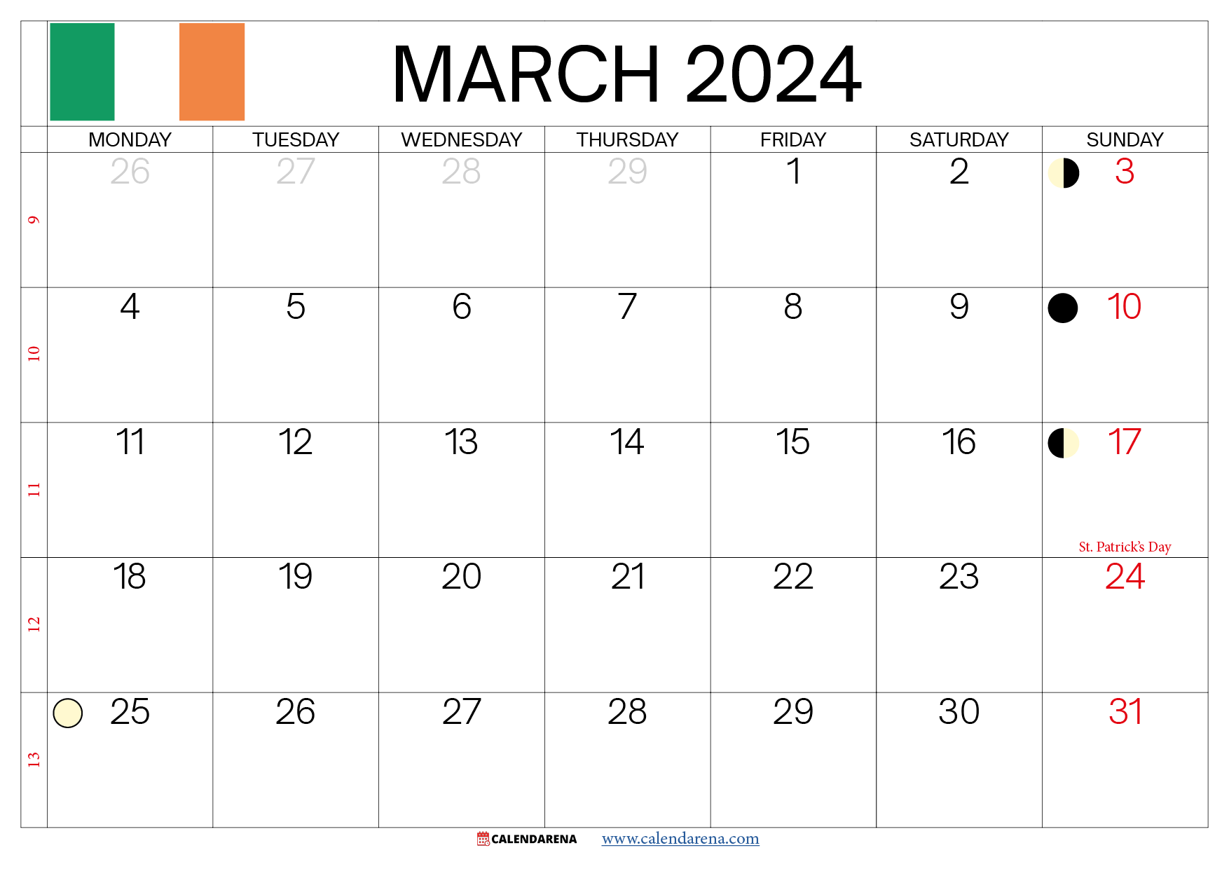 march calendar 2024 with holidays ireland
