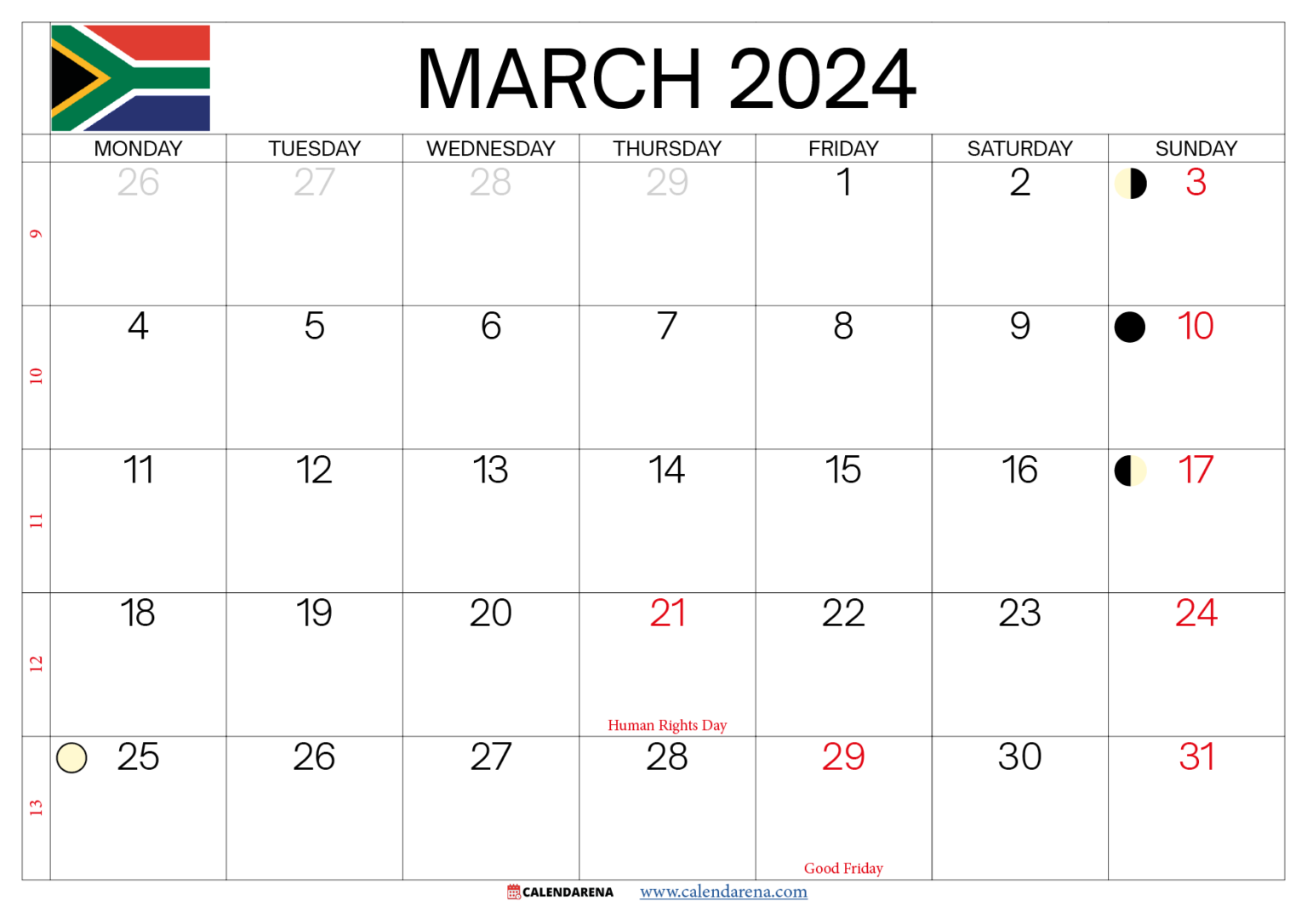 March 2024 Calendar South Africa With Holidays