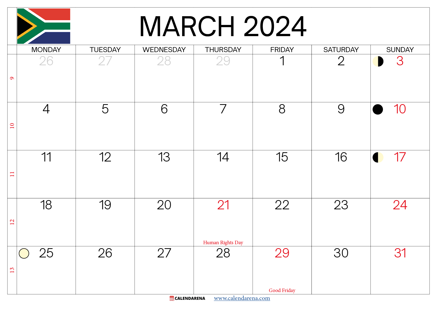 march calendar 2024 with holidays south africa