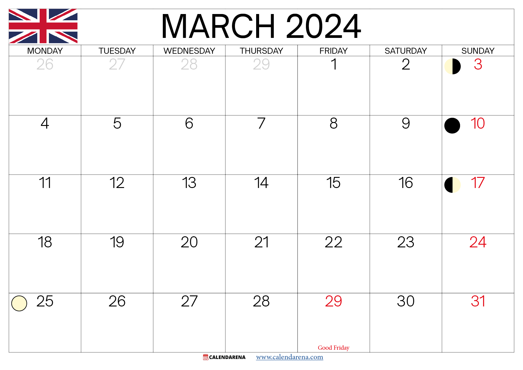 march calendar 2024 with holidays uk