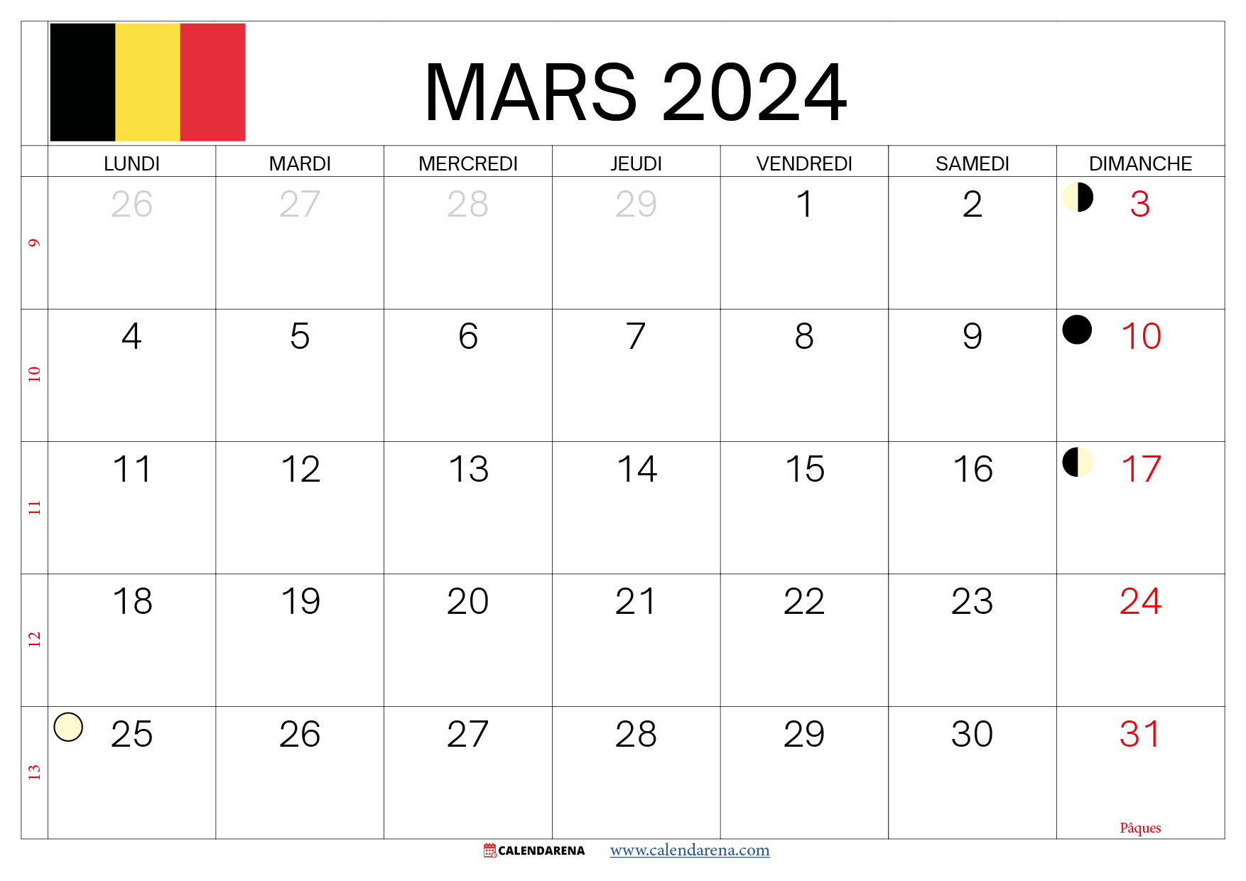 mars 2024 calendrier Belgique