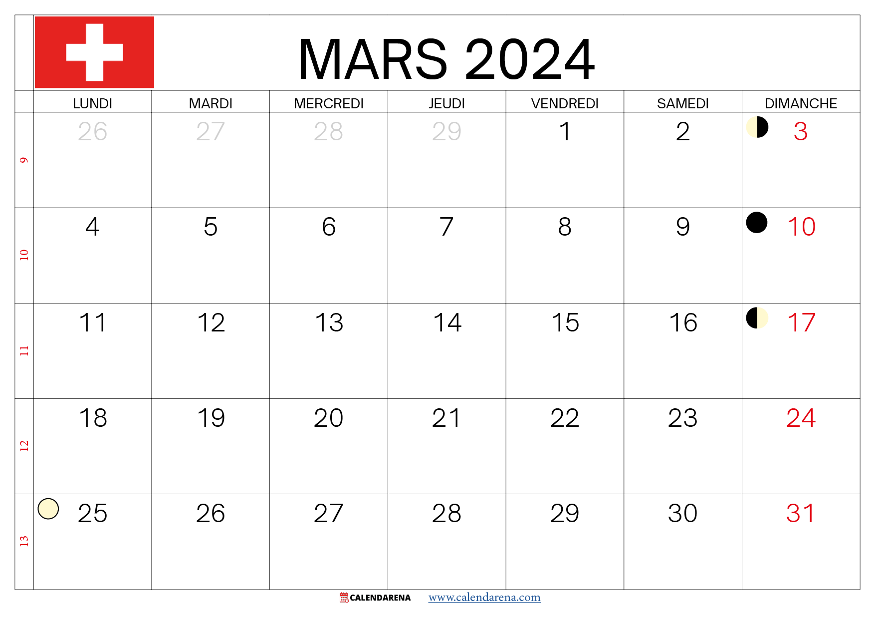 mars 2024 calendrier Suisse