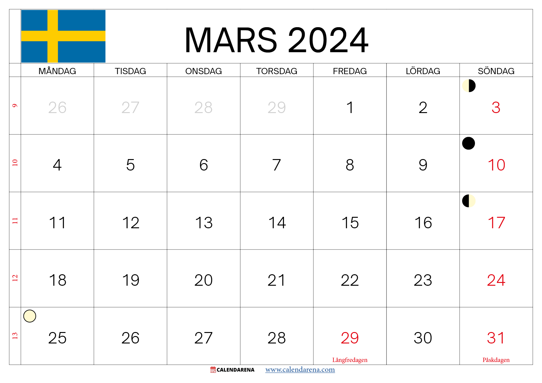 mars kalender 2024 Sverige