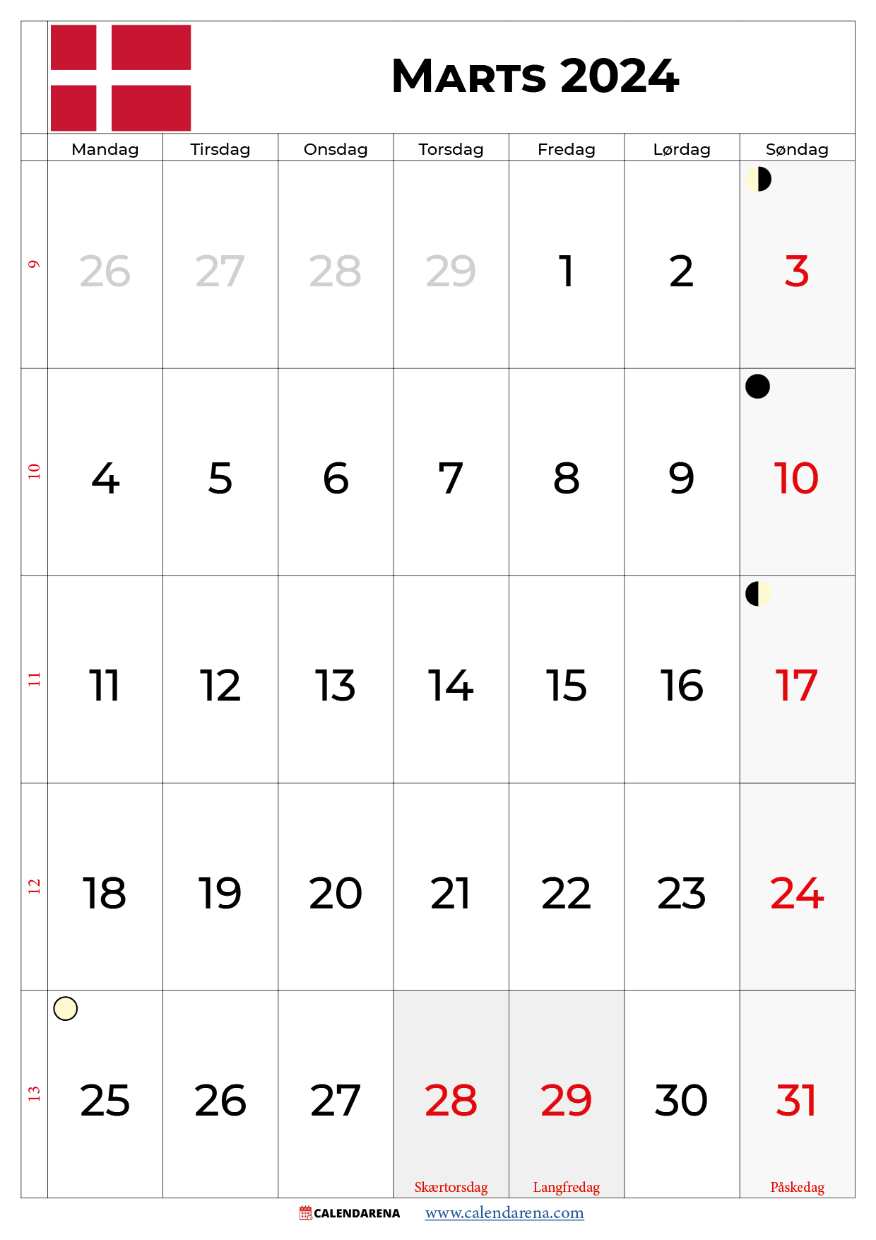 marts kalender 2024 danmark