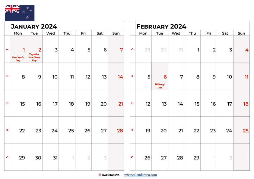 nz calendar january february 2024