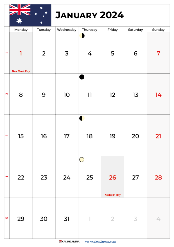 printable calendar january 2024 australia