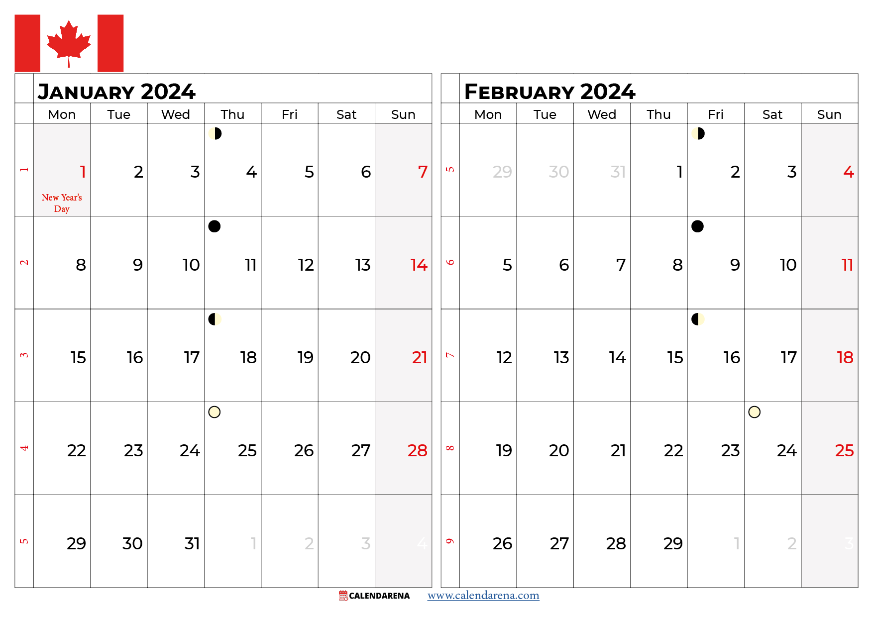 printable january february 2024 calendar canada