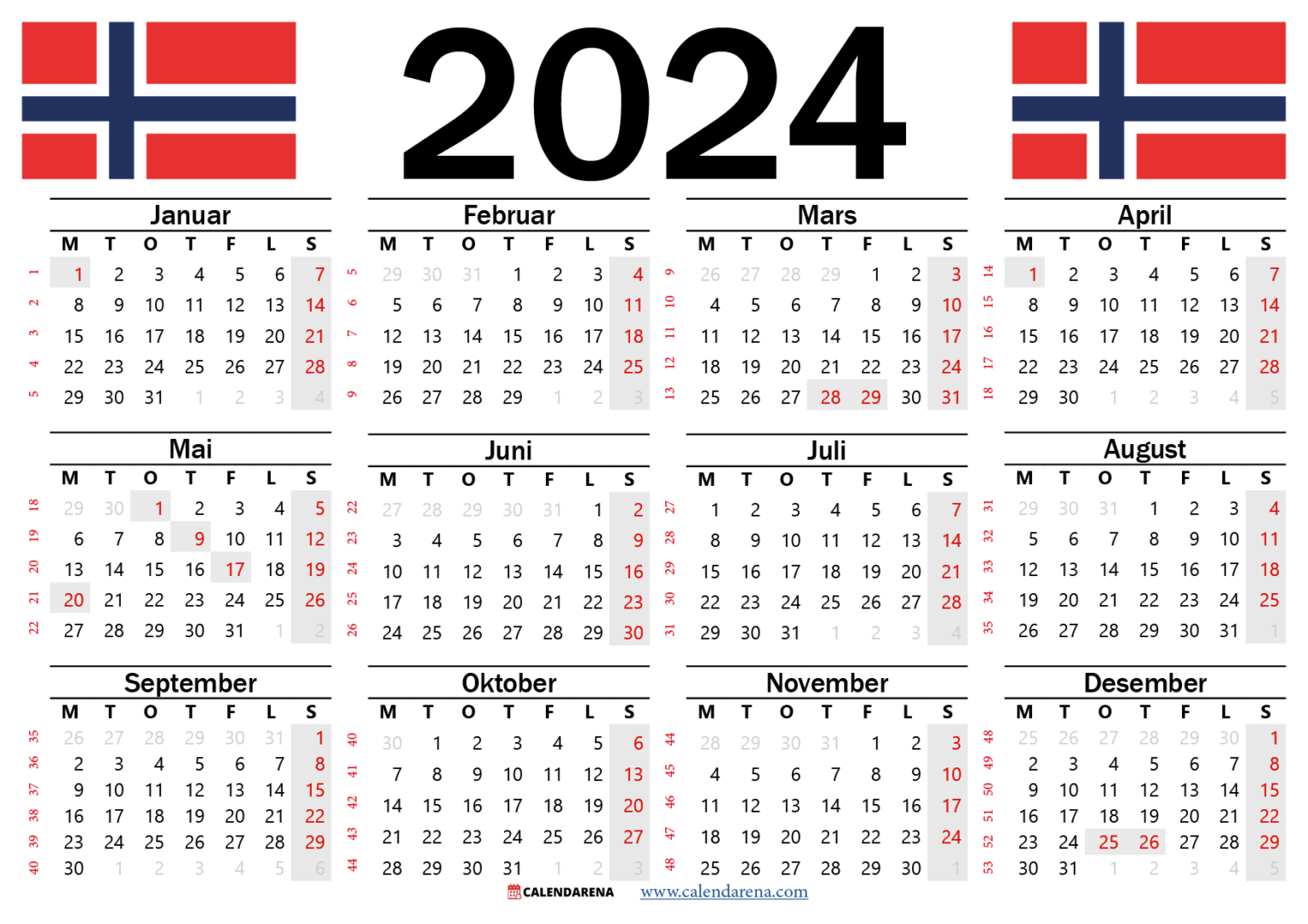 Norsk Kalender 2024 Utskriftsvennlig