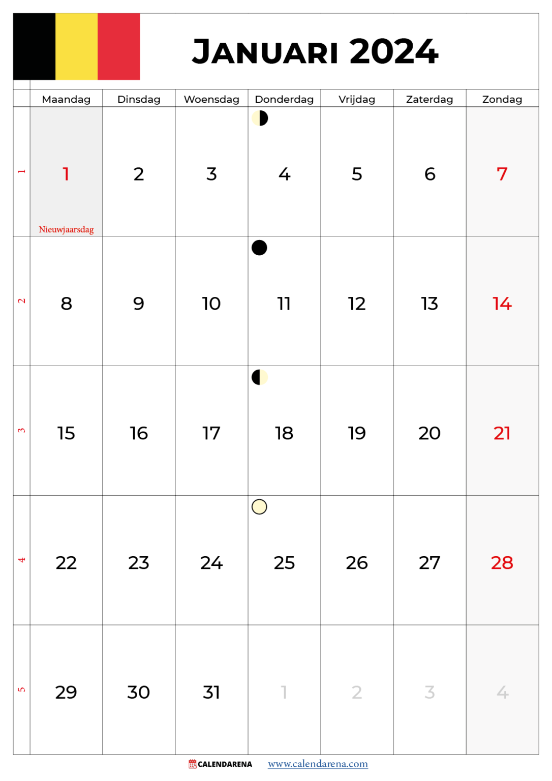 Kalender Januari 2024 België Met Weeknummers