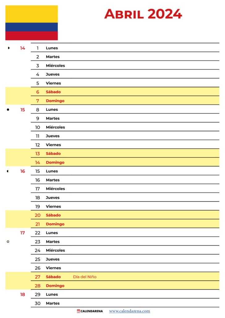 Calendario Abril 2024 Colombia