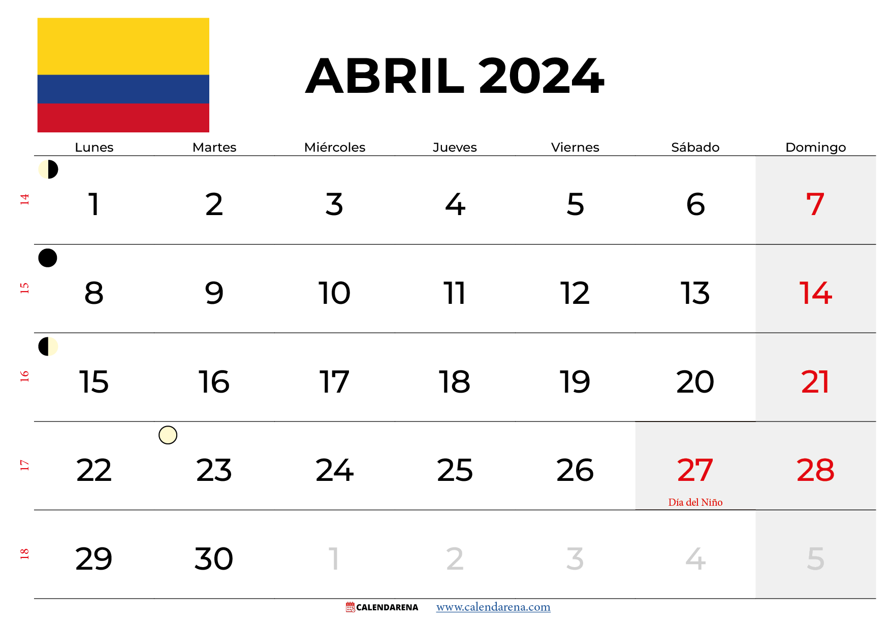 Calendario Abril 2024 Colombia
