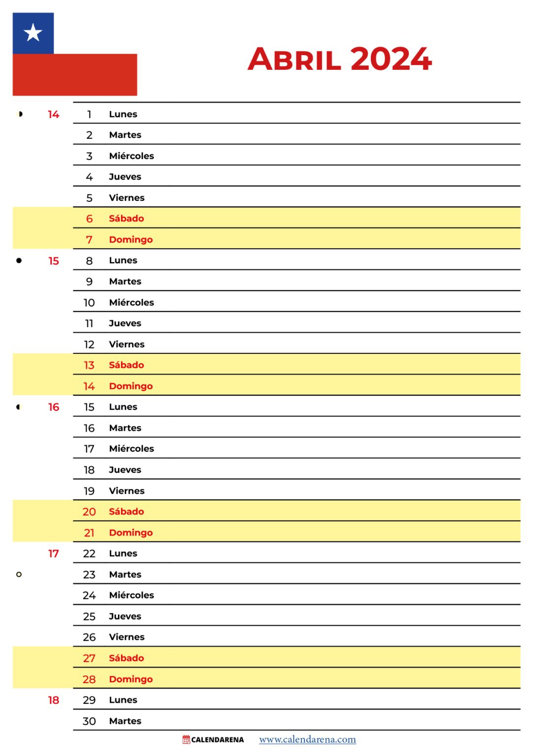 Calendario Abril 2024 Chile