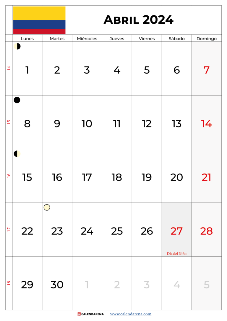 Calendario Abril 2024 Colombia