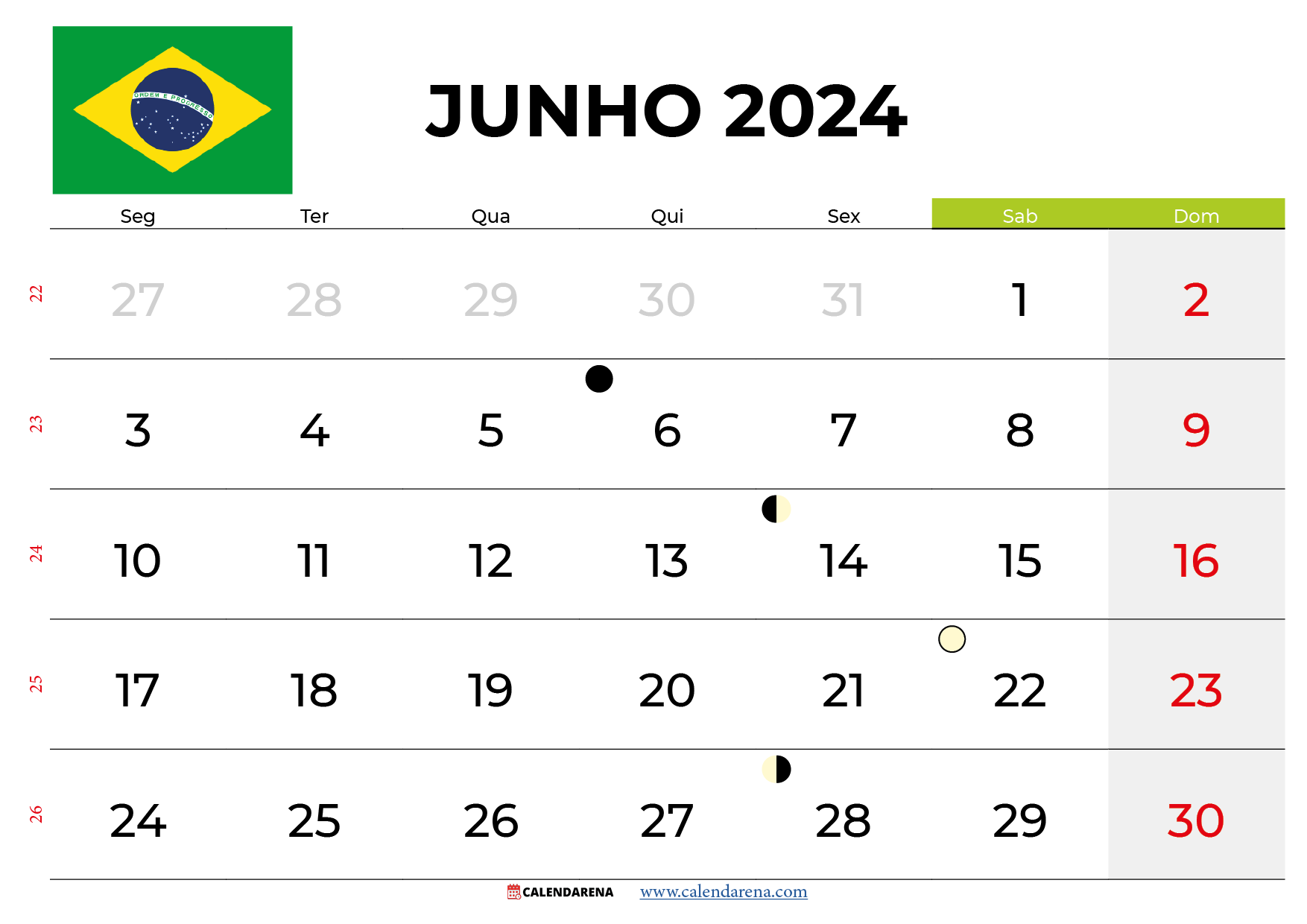 Calendário Junho 2024 Brasil